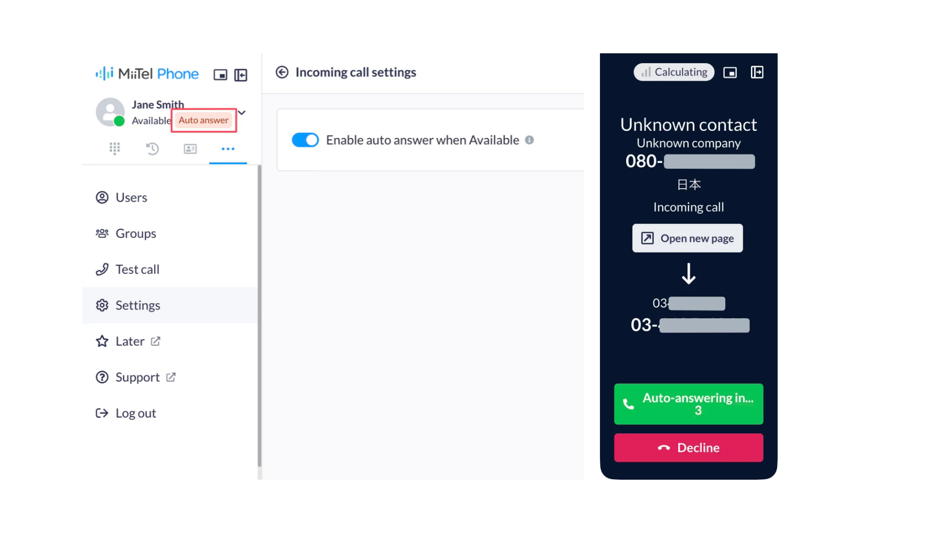 Tampilan fitur Auto Answer Calls di MiiTel Phone