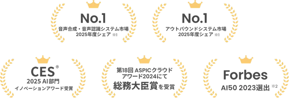 音声合成・音声認識システム市場 2025年度シェアNo.1　アウトバウンドシステム市場 2025年度シェアNo.1　CES 2025 AI部門 イノベーションアワード受賞　第18回ASPICクラウドアワード2024にて総務大臣賞を受賞　Forbes AI50 2023選出