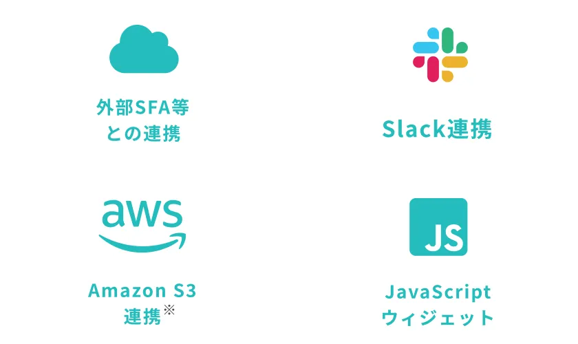 外部SFA等との連携、Slack連携、Amazon S3連携※、JavaScriptウィジェット