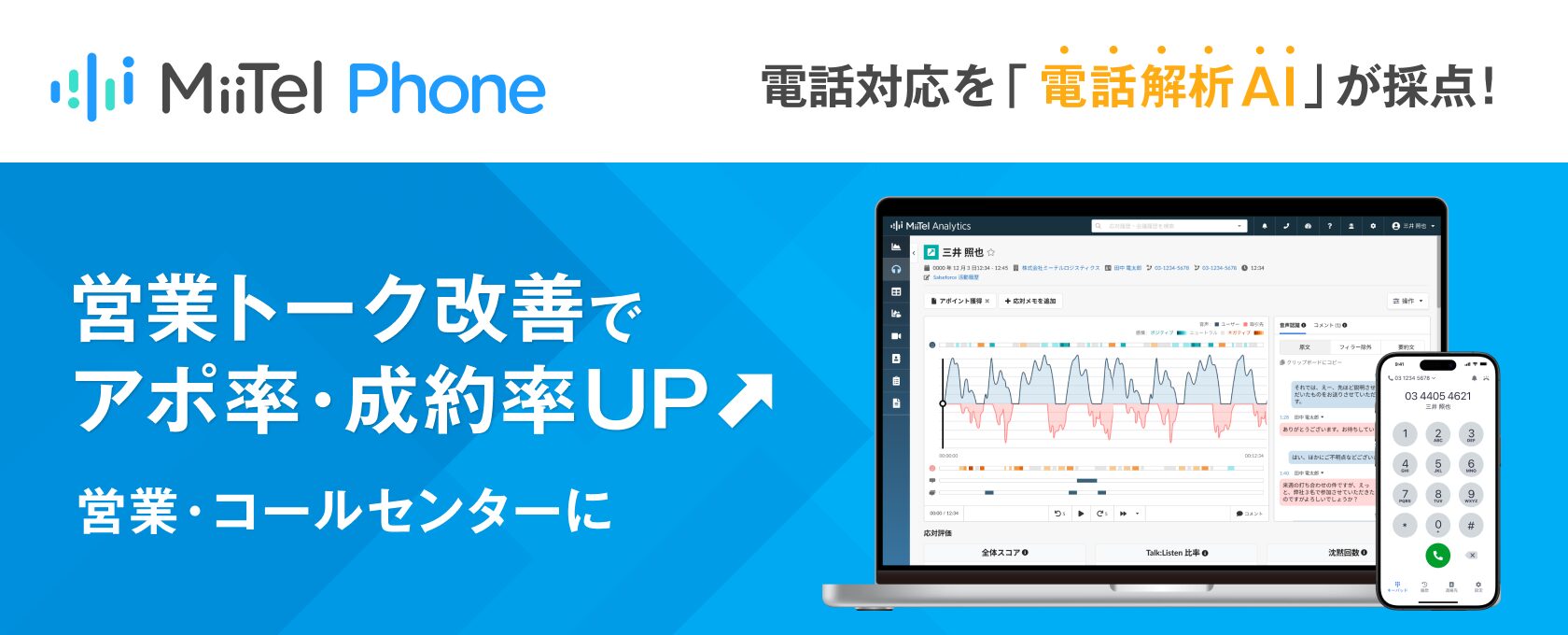 【MiiTell Phone】電話対応を「電話解析AI」が採点！営業トーク改善でアポ率・成約率UP